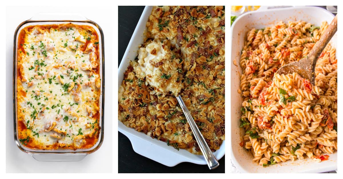 Need dinner ideas? These 52 best pasta recipes include creamy pastas, baked casseroles, chicken pasta, and classic favorites. three photos of baked pasta recipes