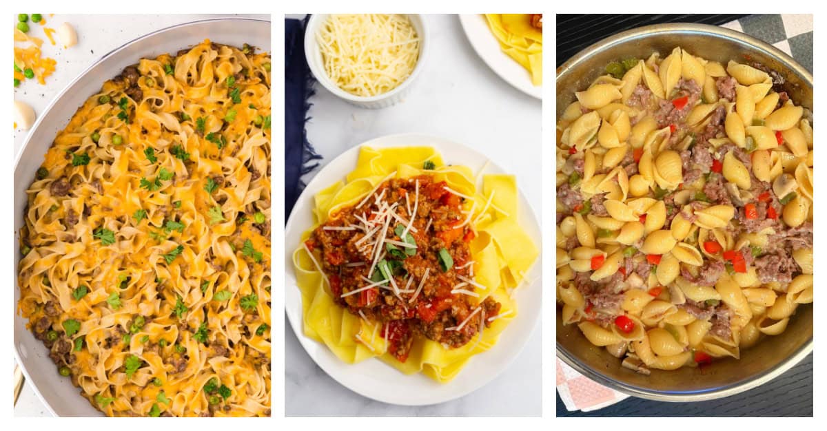 Need dinner ideas? These 52 best pasta recipes include creamy pastas, baked casseroles, chicken pasta, and classic favorites. three photos of beef pasta recipes