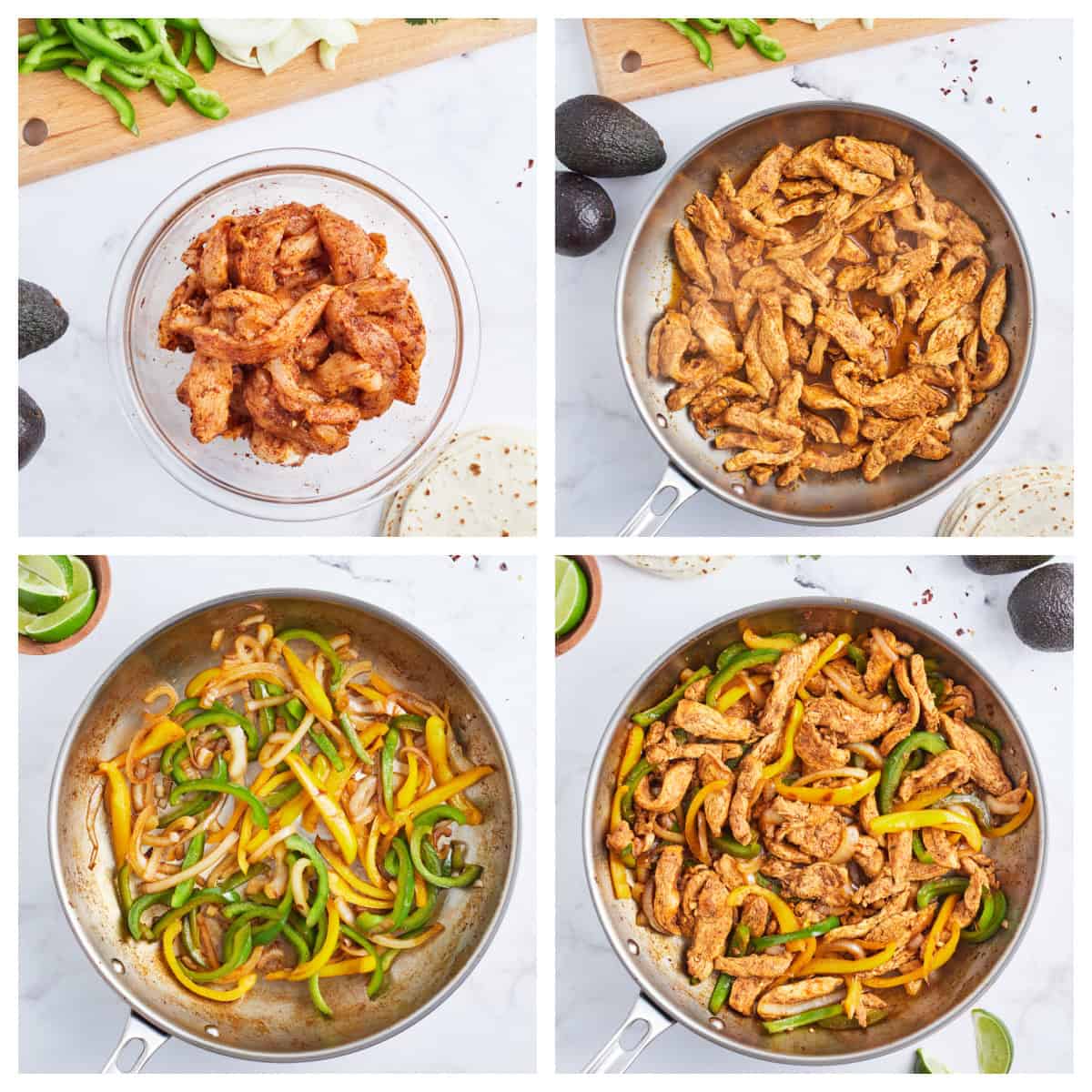 four photos showing how to make skillet chicken fajitas