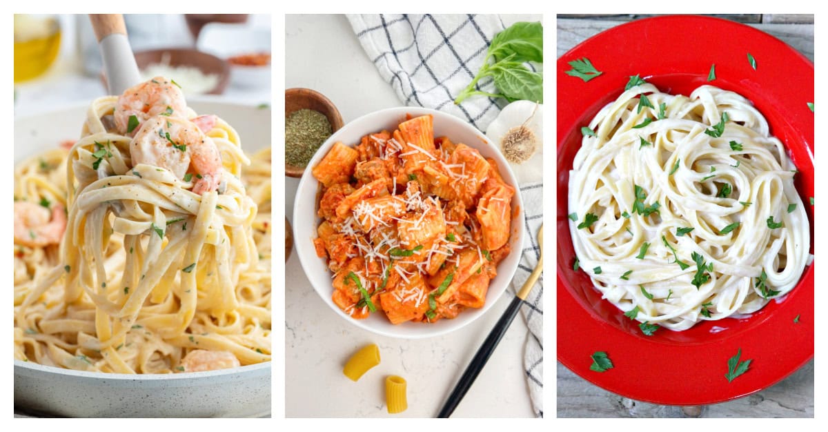 Need dinner ideas? These 52 best pasta recipes include creamy pastas, baked casseroles, chicken pasta, and classic favorites. three photos of creamy pasta recipes