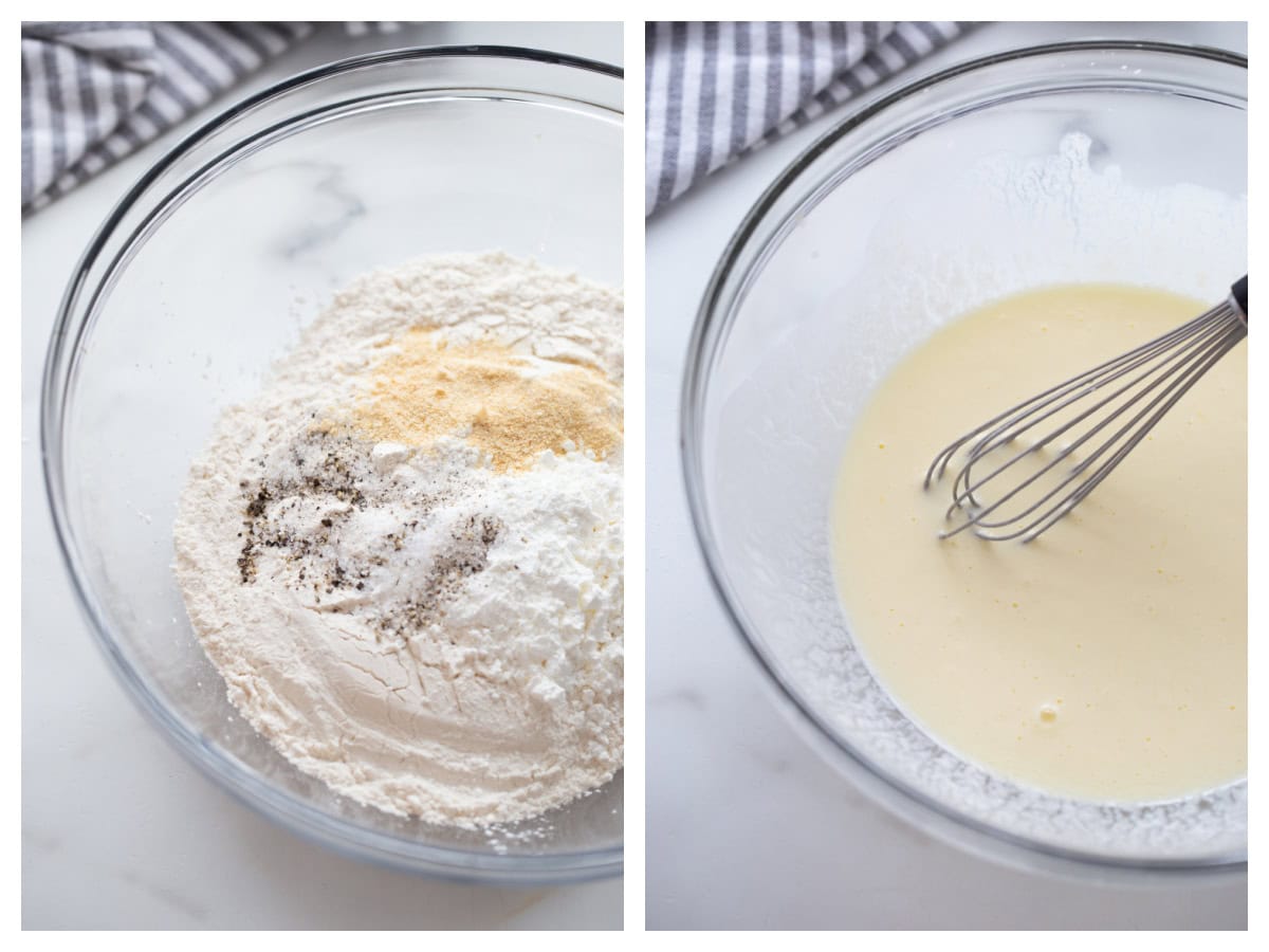 Deep Fried Pickles are crispy, golden and totally addictive. An easy appetizer recipe perfect for game day or snacking. two photos showing how to make the coating for deep fried pickles