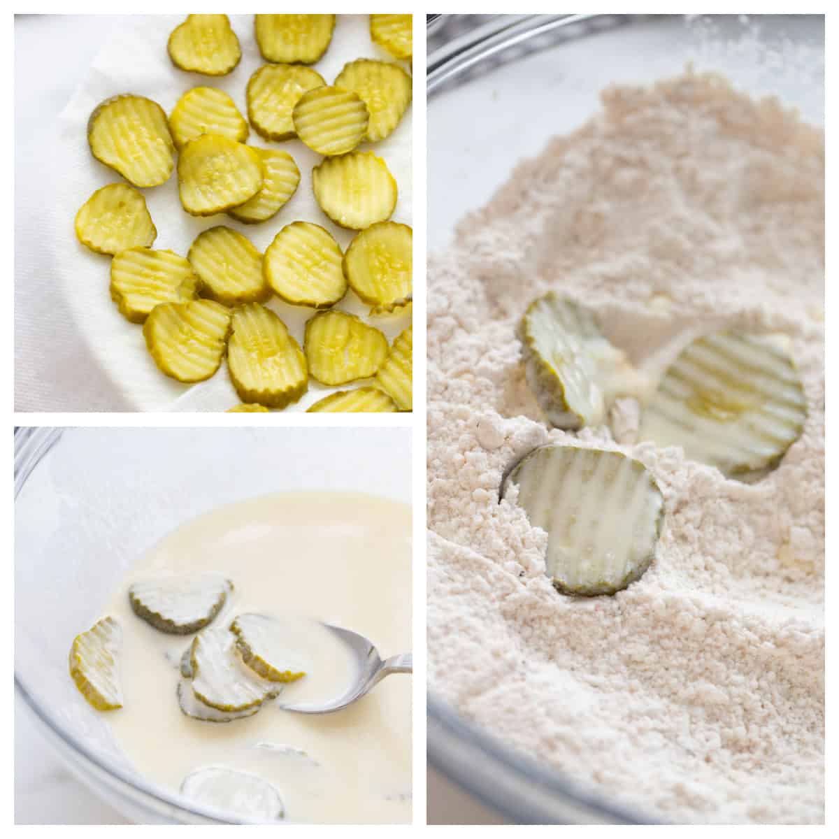 Deep Fried Pickles are crispy, golden and totally addictive. An easy appetizer recipe perfect for game day or snacking. three photos showing how to start making deep fried pickles