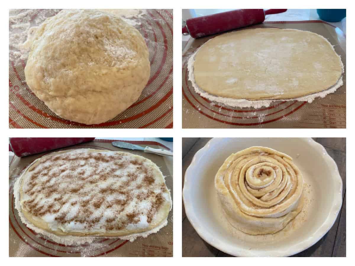 four photos showing how to make giant cinnamon roll