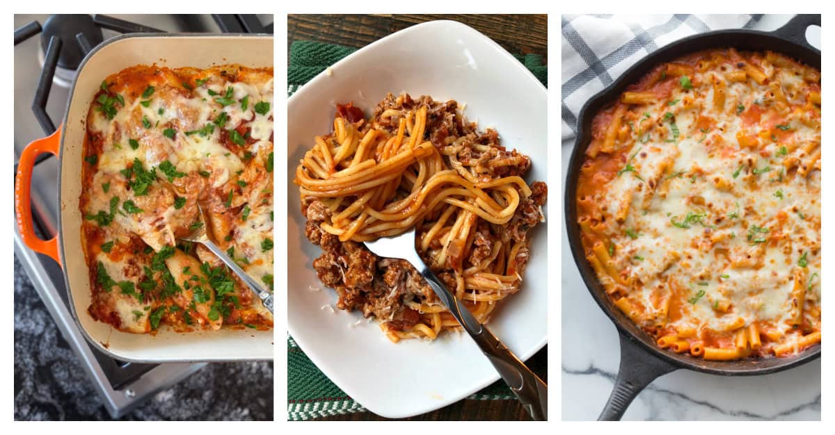 Need dinner ideas? These 52 best pasta recipes include creamy pastas, baked casseroles, chicken pasta, and classic favorites. three photos of tomato based pasta recipes
