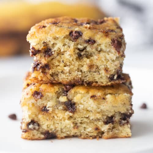 two slices of chocolate chip banana snack cake stacked on top of each other