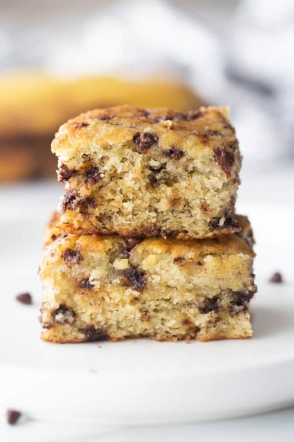 two slices of chocolate chip banana snack cake stacked on top of each other