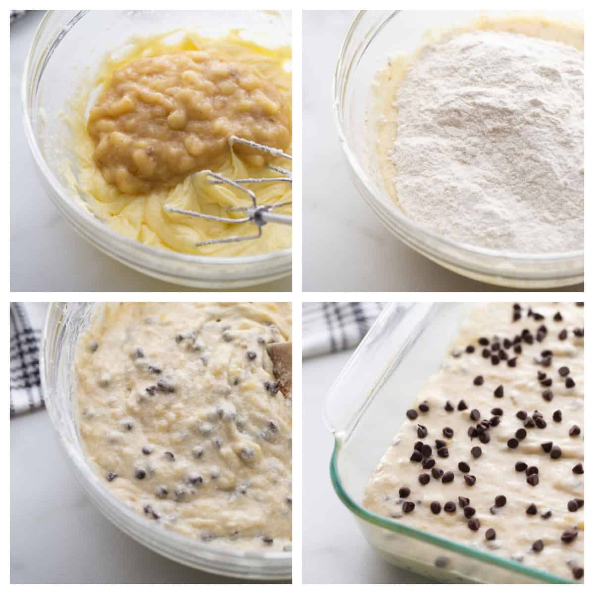 Chocolate chip banana snack cake that’s soft, moist and easy to make. A simple one-pan dessert everyone will love! four photos showing how to make chocolate chip banana snack cake