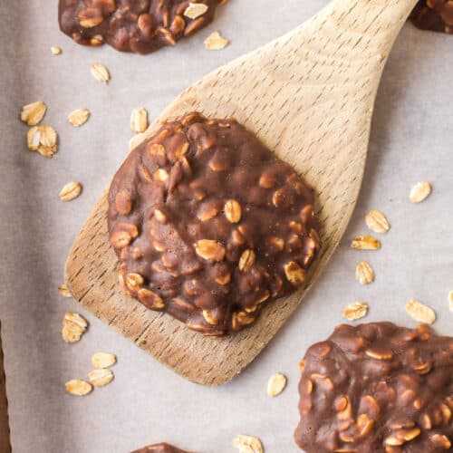 spatula with a chocolate peanut butter no bake cookie