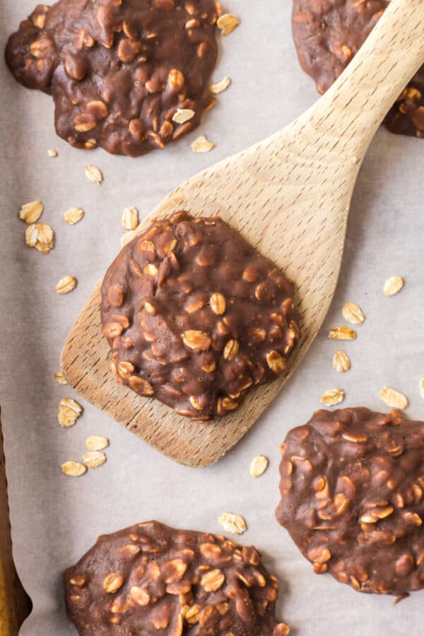 spatula with a chocolate peanut butter no bake cookie