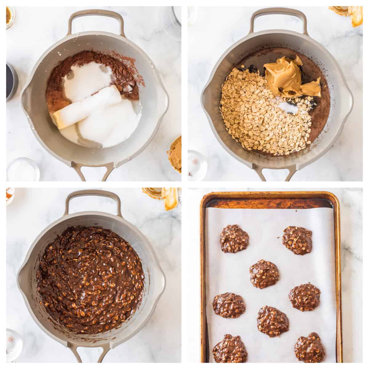 Chocolate peanut butter no bake cookies made with oats and cocoa. Easy, fudgy and perfect for a no-oven summer dessert! four photos showing how to make chocolate peanut butter no bake cookies
