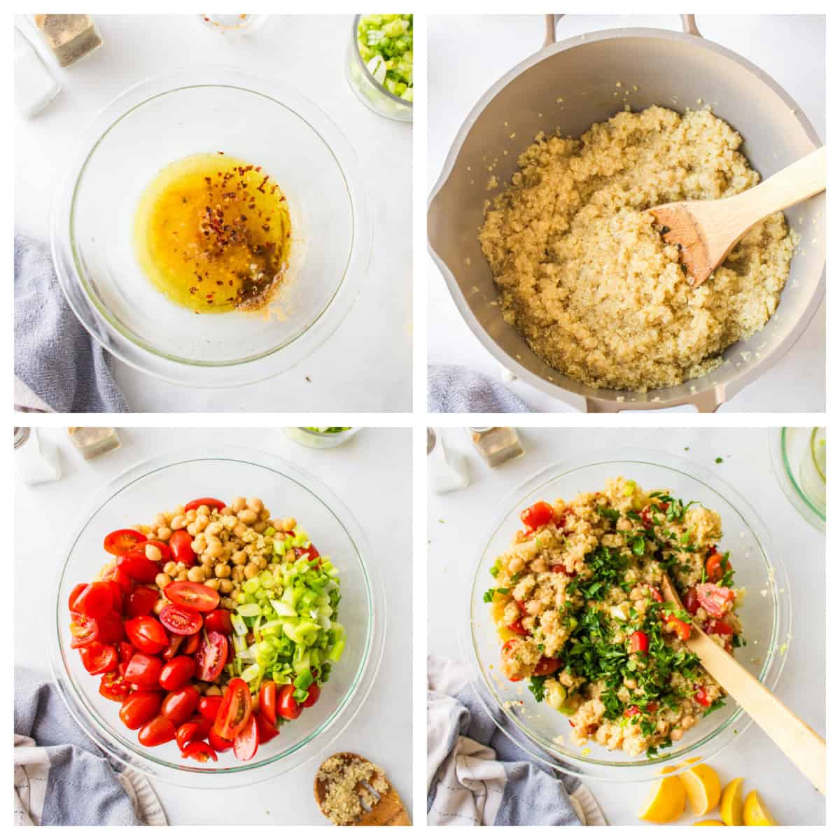 Easy quinoa salad with chickpeas, tomatoes and a lemon dressing. Fresh, healthy and perfect for meal prep or a quick meal! four photos showing how to make easy quinoa salad