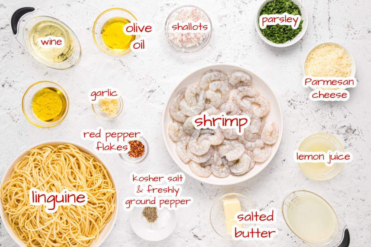 Shrimp Scampi Linguine is a quick and easy dinner with garlic, butter and lemon. A simple shrimp pasta recipe everyone loves. ingredients displayed for making shrimp scampi linguine