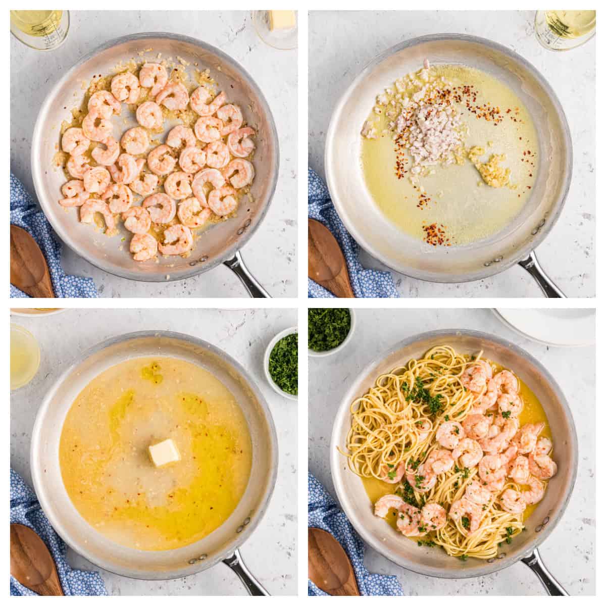 Shrimp Scampi Linguine is a quick and easy dinner with garlic, butter and lemon. A simple shrimp pasta recipe everyone loves. four photos showing how to make shrimp scampi linguine