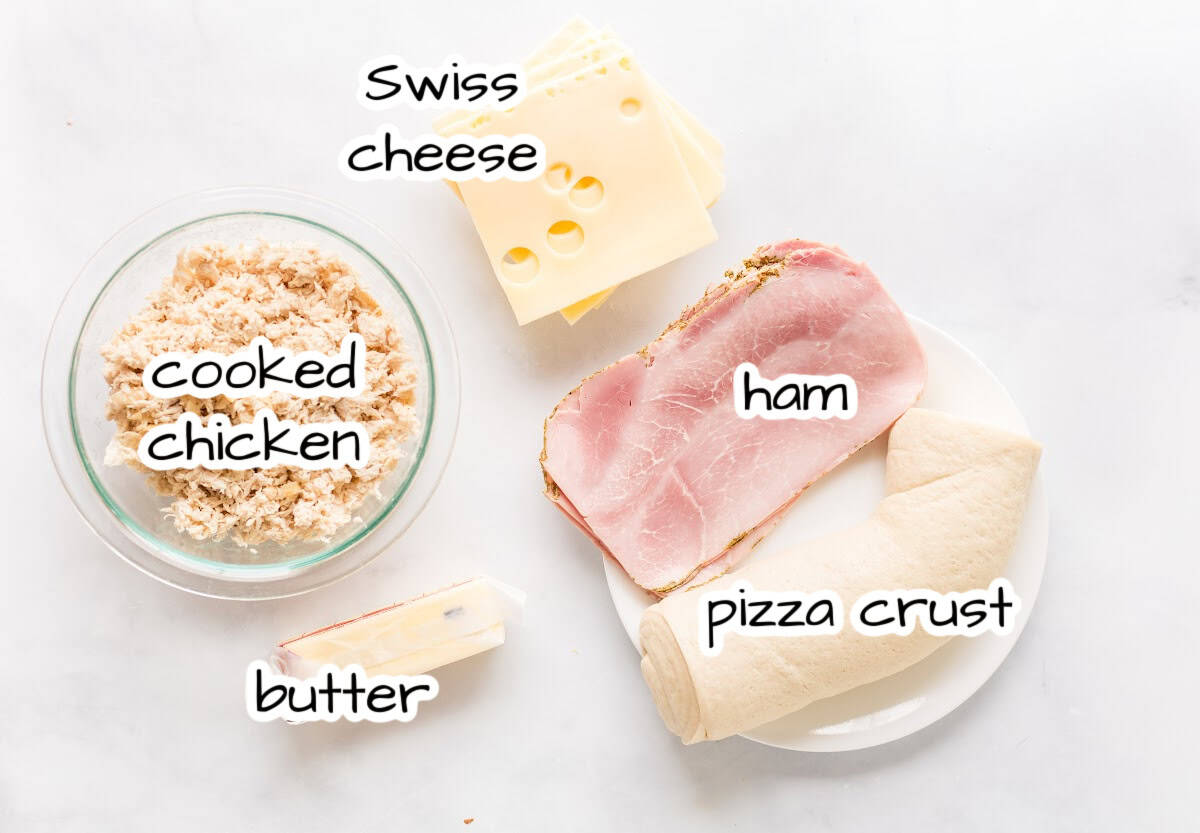 ingredients displayed for making chicken cordon bleu stromboli