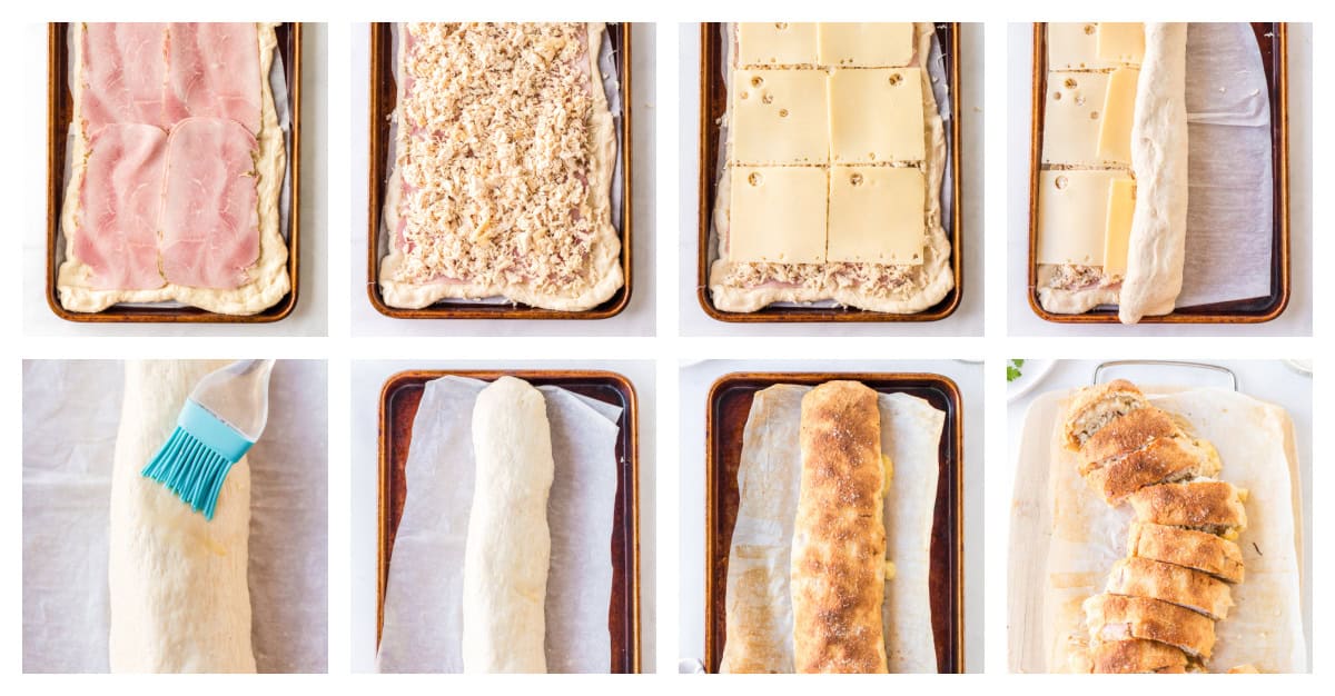 four photos showing how to make chicken cordon bleu stromboli