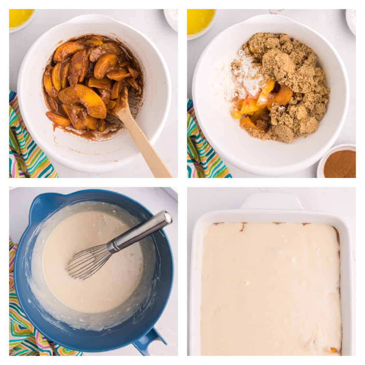 This Easy Peach Cobbler is packed with sweet peaches, warm cinnamon and nutmeg, and a buttery golden topping that tastes amazing with vanilla ice cream. Made with fresh or frozen peaches, it's the perfect summer dessert recipe for family gatherings, potlucks and holidays. Save this homemade peach cobbler recipe for later! #peachcobbler #peachdessert #summerdesserts #bakingrecipes #comfortfood four photos showing how to make easy peach cobbler