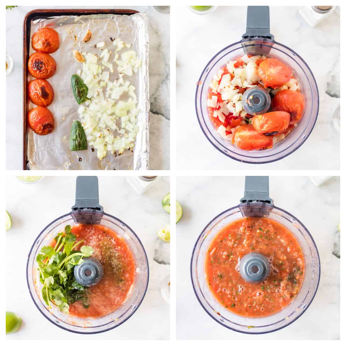 four photos showing how to make restaurant style salsa